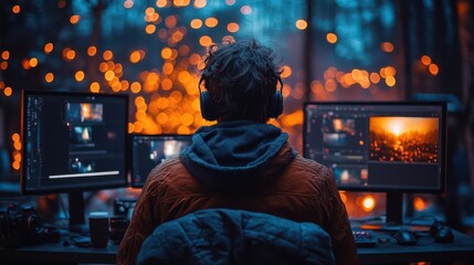 Fototapeta premium professional photographer editing highresolution images on multiple monitors surrounded by camera equipment and bathed in the warm glow of studio lighting