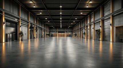 Fototapeta premium Spacious, empty industrial warehouse interior with a polished concrete floor, high ceiling, rows of lights, metal walls, and a few potted plants by the sides.
