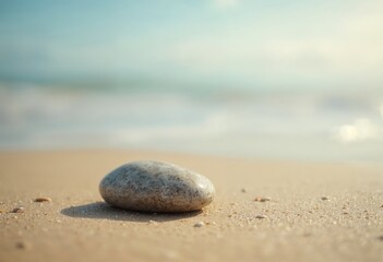 Smooth stone resting on a sandy beach with ocean waves in the background.