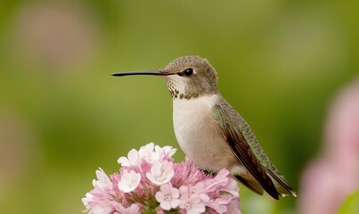 Hummingbird Perched on Pink Flowers in a Lush Garden During a Bright Spring Day
