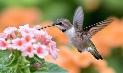 A Hummingbird Feeding on Pink Flowers in a Vibrant Garden During Springtime