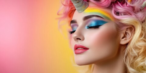 Fototapeta premium A Young Woman Showcases Vibrant Makeup With Colorful Unicorn Hair Against a Bright Backdrop