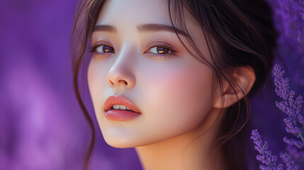 Naklejka premium Korean woman posing gracefully in lavender field during golden hour, showcasing beauty and serenity in nature's bloom