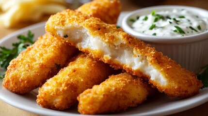 Fish sticks with golden crust and a dip