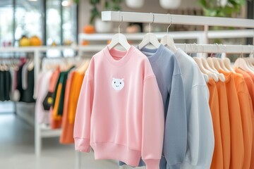Obraz premium Colorful sweatshirts hanging on display in a modern clothing store, showcasing trendy fashion apparel in vibrant hues.