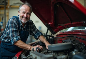 Older male mechanic working on a vintage car engine in a workshop.