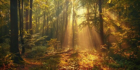 Fototapeta premium View of Sunlit Forest with Natural Trees