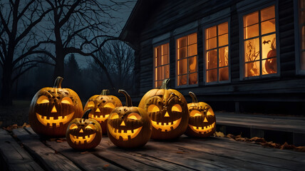 Carved pumpkins glowing on a porch of a rustic house during a spooky Halloween night