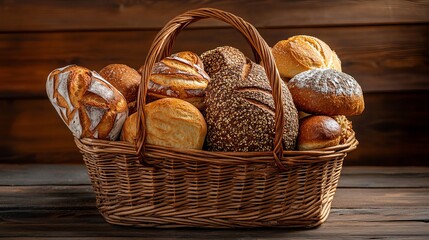 Fresh bread of various kinds are in a wicker basket placed on a wooden table.