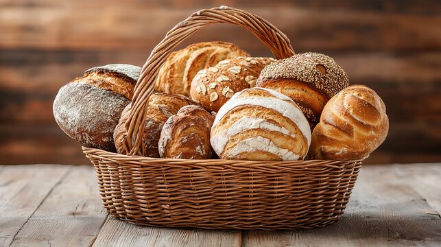 Fresh bread of various kinds are in a wicker basket placed on a wooden table.