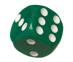 Green gambling dice flying, macro isolated on white background, clipping path