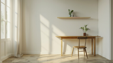 Fototapeta premium Workspace desk interior with mockup white wall