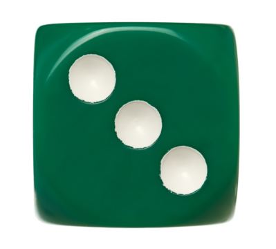 Green gambling dice flying, number 3, macro isolated on white background, clipping path 