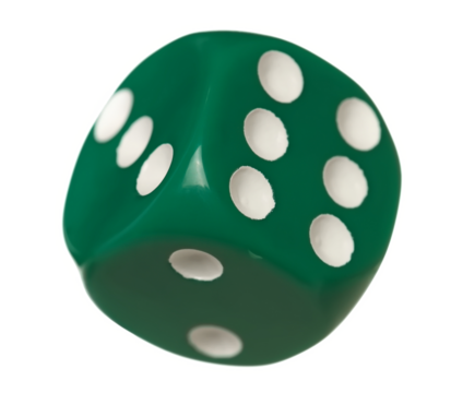 Green gambling dice flying, macro isolated on white background, clipping path