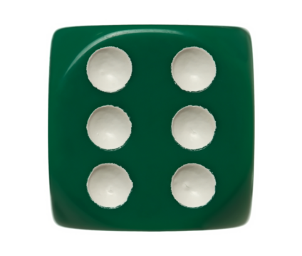 Green gambling dice flying, number 6, macro isolated on white background, clipping path