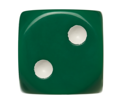 Green gambling dice flying, number 2, macro isolated on white background, clipping path