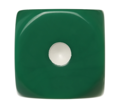 Green gambling dice flying, number 1, macro isolated on white background, clipping path