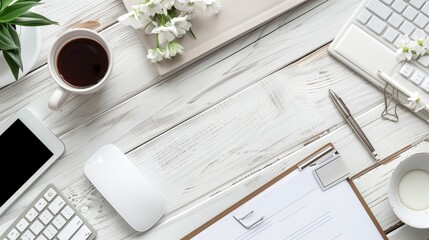 Modern Workspace with Coffee, Smartphone, and Flowers on White Wooden Desk - Business and Office Essentials