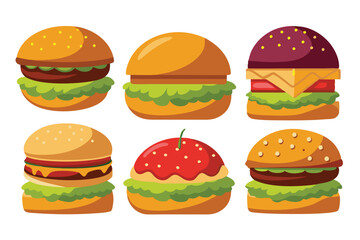 Set of different types delicious burger vector illustration on white background