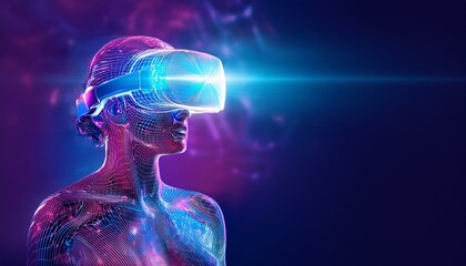 A person immersed in virtual reality, showcasing futuristic technology and vibrant colors, representing innovation and digital experiences.