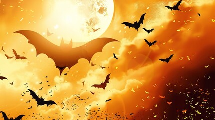 A spooky Halloween Ghost Festival background with bats. The bats are flying around in the dark night sky. There might be a haunted house or a creepy cemetery in the background