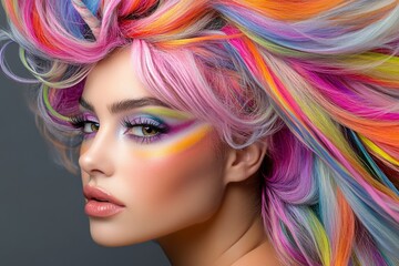 Fototapeta premium Young Woman With Vibrant Rainbow Hair Showcasing Colorful Makeup Artistry Indoors