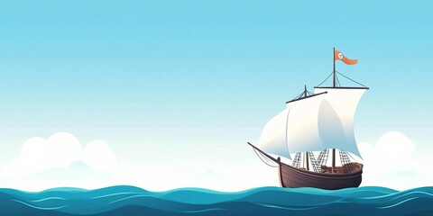 Columbus navigating the ocean flat design, side view, adventure theme, water color, Triadic Color Scheme