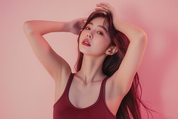 Fototapeta premium beautiful Korean woman with smooth, hairless armpits, wearing a wine tank top and long hair, posing in front of a pink background