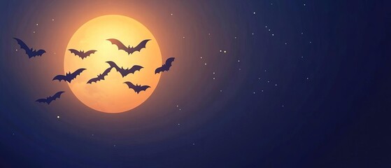 Halloween bats flying under the moon flat design, top view, nocturnal theme, cartoon drawing, Complementary Color Scheme
