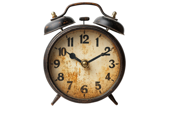 A close-up image of a vintage-style alarm clock with a distressed, rustic appearance.