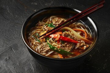 A vibrant bowl of Japchae showcases silky noodles, tender beef, and colorful vegetables, beautifully arranged for an authentic taste of Korean cuisine