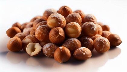 Obraz premium A close-up view of a pile of hazelnuts with a light dusting of salt, showcasing their rich texture and color against a clean background.