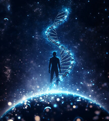 Double helix  DNA strands silhouette human figure aura around it human genetics concept