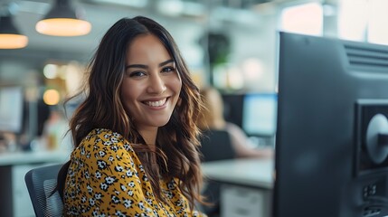 Enthusiastic Hispanic Woman Working on Computer in Bright Office, Business Theme, Cinematic Shot, Portrait Shot
