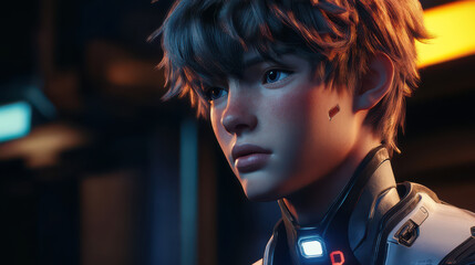close-up of a character with dark hair and light-colored tips, wearing a futuristic suit with glowing elements.
