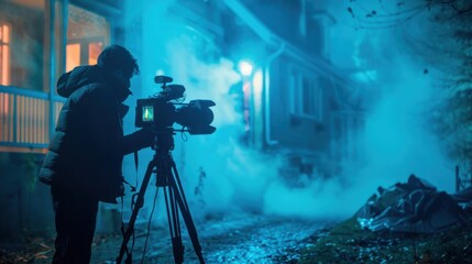 Fototapeta premium A cinematographer operates a camera on a tripod, capturing a scene outside a house bathed in atmospheric blue light and fog at dusk