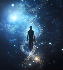 Double helix  DNA strands silhouette human figure aura around it human genetics concept