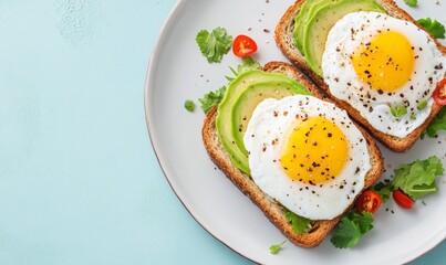 Delicious Avocado Toast Topped With Sunny-Side-Up Eggs and Fresh Herbs on a Light Blue Background