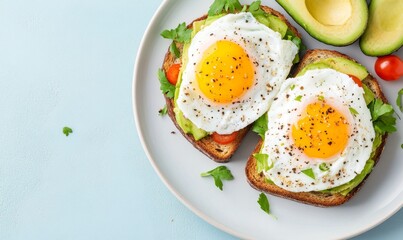 Delicious Avocado Toast Topped With Sunny-Side-Up Eggs and Fresh Greens on a Light Background