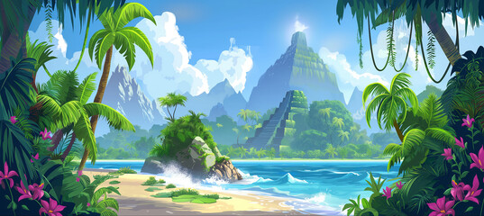 The Cartoon tropical island with Mayan Pyramid, Game background, Illustration