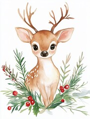 Fototapeta premium Christmas Cuteness with watercolor painting of a baby reindeer. Front view, Xmas illustration, standing with berries. 3:4
