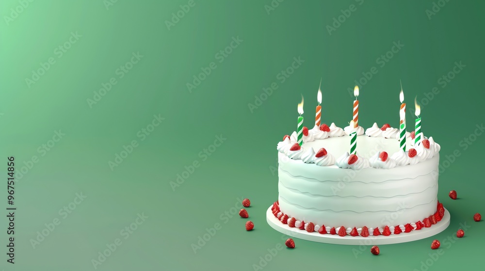 Wall mural a white birthday cake with lit candles and strawberries on a green background.