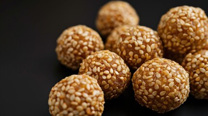 Closeup of sesame seed-covered spherical sweets, appealing to dessert lovers looking for a healthy or vegan snack choice.