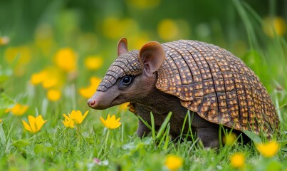 Armadillo Exploring a Vibrant Wildflower Meadow During the Warm Afternoon Sunshine in Spring