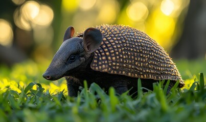 Aarmadillo Walks Gracefully Across Green Grass Under the Warm Sunlight in a Vibrant Landscape