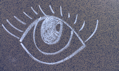 Expressive chalk drawing of an eye on a building facade. Concept of urban art, surveillance, social observation, and creative expression on a city wall.
