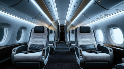 Fototapeta premium Luxury interior of an airplane's business class cabin, featuring wide, comfortable seats with personal storage compartments and ambient lighting overhead.