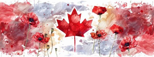 Abstract gray watercolor paint splash with red painted poppy and flag of Canada. Lest we forget. Canadian Remembrance day or Anzac day symbol. With copyspace for your text.