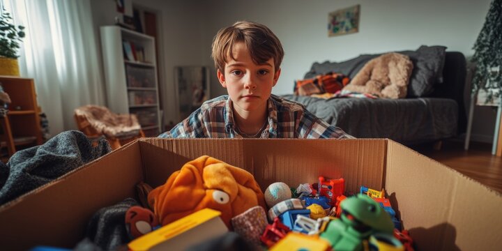 Young boy sitting in front of a box of colorful children's toys and stuffed animals.
