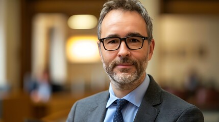 Fototapeta premium Portrait of a Lawyer in a Blurred Courtroom Background, Portrait Shot, Lawyer, Courtroom Background